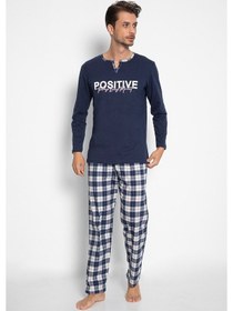 Resim Vıshenka Erkek %100 Pamuk Lacivert Renk Ekose Baskılı Pijama Takı Lacivert 