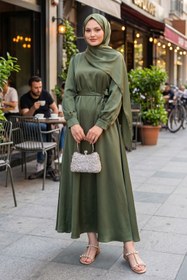 Resim adamila Kadın Haki Saten Tesettür Abiye Elbise Uzun Kollu Kuşaklı Düğün Nişan Özel Gün Tesettür Elbise 