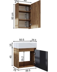 Resim ROOMART Ayaksız Tek Kapaklı Lavabolu 50 Cm Banyo Dolabı+aynalı Üst Dolabı 