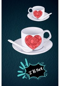 Resim Sevgililer Günü Kalpli Baskılı 2 Li Set Kaşıklı Porselen Çay Kahve Fincan Seti-3 Beyaz 