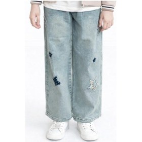 Resim İrem Kız Çocuk Üzeri Yıldız Desenli Beli Lastik Ayarlamalı Geniş Paça Model Mavi Renk Kot Pantolon 