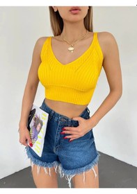 Resim Saklımoda V Yaka Askılı Crop Triko Büstiyer Sarı - Df2202 Çok Renkli 
