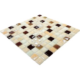 Resim MozaiKristaL Mutfak Tezgah Arası, Havuz, Banyo, Sauna, Spa, ve Tüm Yüzeyler İçin. 25X25MM Krem-Kahve Mix. 31.5X31.5CM. Fileli Cam Mozaik. ( 5 File=0.5 M2 Fiyatıdır ) 
