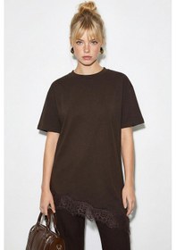 Resim Shade Kadın Dantel Detaylı Asimetrik Kesim Kısa Kollu T-shirt 1078 60286069 - Acı Kahve Acı Kahverengi 