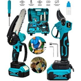 Resim 2'li Set 21 Volt 1,3 Amper 2 Akülü Çelik Şanzuman 2 Pala Zincirli Şarjlı Dal Ağaç Kesme Bağ Budama Makası 
