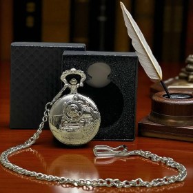 Resim Kuzey Tacı Özel Kutulu Retro Tren Temalı Gümüş Renk Köstekli Saat Özel Tasarım Vip 