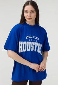 Resim soi fashion Houston Baskılı Kadın Oversize Mavi T-shirt 