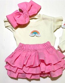 Resim Özge Başaran Popüler Kız Bebek Pembe Fırfır Şortlu Etek, Kolsuz Bluz, Diz Altı Çorap Ve Fiyonklu Pembe 