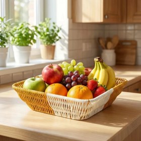 Resim Krm Kare Çift Renkli Plastik Rattan Ekmek ve Meyve Sepeti - Çok Amaçlı Banyo ve Mutfak Düzenley 