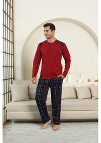 Resim Enisena Erkek %100 İnterlok Pamuk Kumaş Ekose Bloklu Pijama Takımı 12481 Bordo 