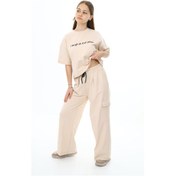 Resim Kız Çocuk %100 Pamuk Oversize Kargo Cepli Yarım Kol Alt-üst Eşofman Takım-eşt-0016 Bej 