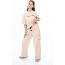 Resim Kız Çocuk %100 Pamuk Oversize Kargo Cepli Yarım Kol Alt-üst Eşofman Takım-eşt-0016 Bej 