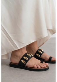 Resim Giamgia Store Giamgia Kadın Siyah Altın Zımbalı Düz Parmak Arası Terlik-2403 