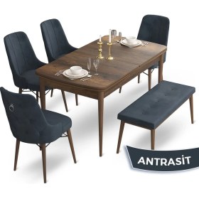Resim Canisa Concept Taç Serisi 80 x 132 cm Barok Ahşap Desen Masa Takımı 4 Sandalye Gümüş Halkalı ve 1 Bench 