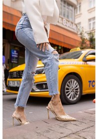 Resim Payette Kadin Altın Payetli Topuklu Sandalet Altin 