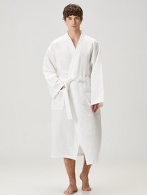 Resim Serenity Yıkanmış Keten Unisex Kimono Beyaz - Beyaz / XS 