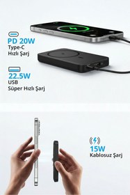 Resim Piranha 9010‑S 5000 mAh MagSafe Powerbank | Kablosuz & Kablolu 15W/20W/22.5W Hızlı Şarj | Manyetik W 