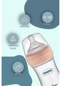 Resim Mooma Neutra Antikolik Tritan Biberon 250 Ml 6-18 Ay Orta Akış Mercan Pembe 