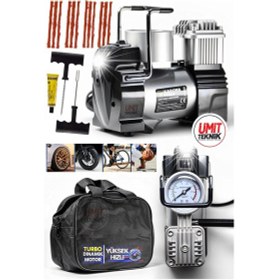 Resim Metal Çantalı Aydınlatmalı Profesyonel 12v Çakmaklı 100 Psı Mini Hava Kompresörü Araç Kompresörü Set 