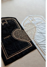 Resim Kişiye Özel İsimli Eşli Çift Seccadesi Kadife Çeyizlik Kalpli Seccade Bohçalık Hediyelik Set Siyah - Beyaz 