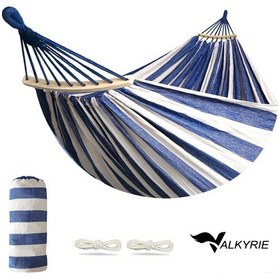Resim Valkyrie 2 Kişilik Renkli Kanvas Hamak 260x150 Cm Taşıma Çantalı Ahşap Çubuklu Bahçe Kamp Hamağı Lacivert 