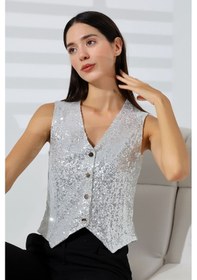 Resim Mois Atelier Beyaz Pul Payetli Çıt Çıt Kapama V Yaka Yelek Tasarım Hediye Büyük Beden Beyaz 