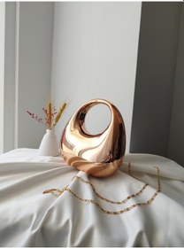 Resim Vivazzaluxe Modern Tasarım Oval Tutmalı Küçük Boy Kadın Abiye El, Omuz Çanta Altın 