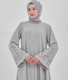 Resim Kolları Çiçek Nakışlı Valon Kollu Ferace Gri | 2024824 - 52 / Gri 