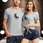 Resim Erkek Ay ve Slogan Grafik Tişört ve Galaksi Baskılı Şort Pijama Seti - Polyester, Yuvarlak Yaka, Orta Esneklik, Rastgele Baskı, Tüm Mevsimler, Düzenli Kesim, Örgü Kumaş, 150 g/m², Elastane Kompozisyon 