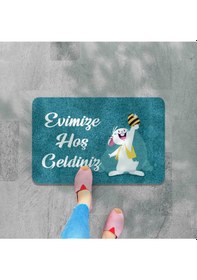 Resim Dijital Baskılı Kapı Önü Paspas Hoşgeldiniz Yazılı Çiçek Desen Ve Tavşan Iç Ve Dış Kapı Yıkanabilir Altın 