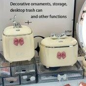 Resim 1 Adet Sevimli Fiyonklu Krem Sarı Masaüstü Çöp Kutusu - Çift Katmanlı Elastik Kapaklı - Şık Oval Tasarım, Makyaj Masaları, Girişler ve Masalar İçin - Sessiz İşlem, Cilalı Bitiş, Dekoratif Depolama Çözümü, Noel veya Yeni Yıl için Mükemmel Hediye, Masa Üstü Mini 