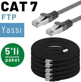 Resim 5 adet IRENIS CAT7 Kablo Yassı FTP Ethernet Kablosu, 2 mt Siyah 