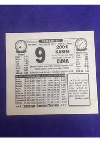 Resim 9 Kasım 2001 Takvim Yaprağı - Nostalji Koleksiyonluk Takvim Yaprağı B 