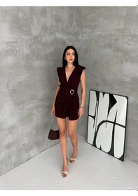 Resim Kadın Kruvaze Drapeli Tokalı Mini Elbise Şık Gece Davet Abiye - Kahverengi 