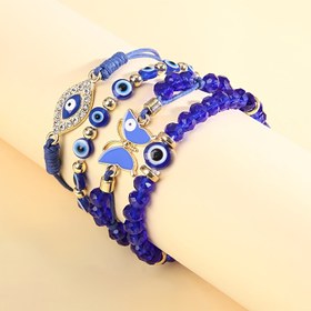Resim 4 Adet Boho Kabile Tarzı Mavi Nazar Kelebek Boncuk Çift Katlı El Dokuma Akrilik Boncuk Yığın Seti, Günlük ve Parti Giysisi için Çok Yönlü, Arkadaşlık Kolyesi Hediyeli Şükran Günü, Tüm Mevsimler 
