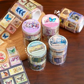 Resim 1 Rulo Vintage Altın Damga Posta Sticker Bandı, Çiçek Deseni, Su Geçirmez Olmayan, Kağıt Malzeme, Plastik Yüzey, Dergi Süslemesi, Scrapbooking için 