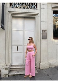 Resim Bonacosa Kadın Viskon 3 Lü Takım Kimono + Beli Lastikli Salaş Pantolon + Crop 8 Renk Pembe 