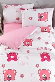 Resim Çarşafı Lastikli Doğal Sağlıklı Pamuk Ayıcıklı Bear Panda Tek Kişilik Çocuk Nevresim Takımı, Pembe 