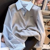 Resim Kadınlar için Şık Yaka Kazak - İki Katmanlı Tasarım, Her Mevsim Ofis ve Resmi Etkinlikler İçin Gri & Mavi Yatay Çizgili, Saydam Olmayan Kadın Kazakları, Rahat Kesim 