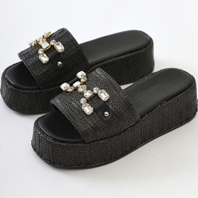 Resim Dorine Siyah Taşlı Toka Detaylı Yüksek Tabanlı Hasır Terlik 001 