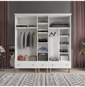 Resim Beenal Furkan 5 Kapaklı Gardırop, Çekmeceli Dolap 200cm Beyaz-Beyaz 