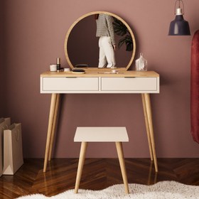 Resim Bimossa V10 Lucy Tabureli Makyaj Masası - Meşe - Kumtaşı 