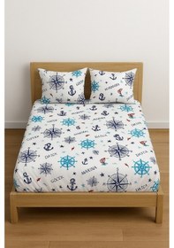 Resim Çift Kişilik Desenli Lastikli Çarşaf Seti 160x200 Cm + 2 Adet Yastık Kılıfı 50x70 Mavi 