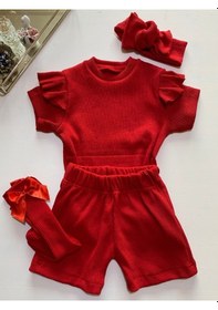 Resim Özge Başaran Kırmızı Şort & Tişört, Fiyonklu Kırmızı Çorap Fitilli Kumaş Kız Çocuk Ve Bebek 3'lü Kırmızı 