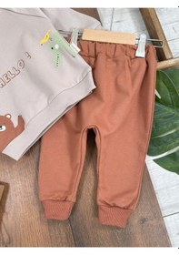 Resim Zürafa&aslan Baskılı Kapüşonlu Erkek Bebek Alt Üst Takım Kahve 