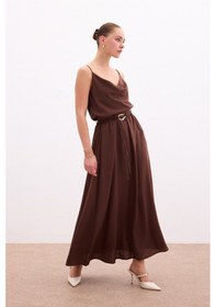Resim Sateen Kemerli Uzun Etek - Kahve-136082 Kahve 