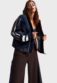 Resim Kadın Kot Rengi Denim Dokuma Çift Parça Kumaş Oversize Kapüşonlu Tasarım Denim Ceket - Kot Rengi / S 