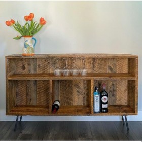 Resim Kuzela Masif Ahşap Metal Ayaklı Şaraplık Raf Düzenleyici 