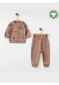 Resim Erkek Bebek Dinazor Baskılı Organik Eşofman Takım-15481 Kahverengi 