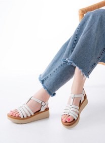 Resim 730-142 Beyaz Hakiki Deri Ortopedik Taban Kadın Sandalet Siyah 